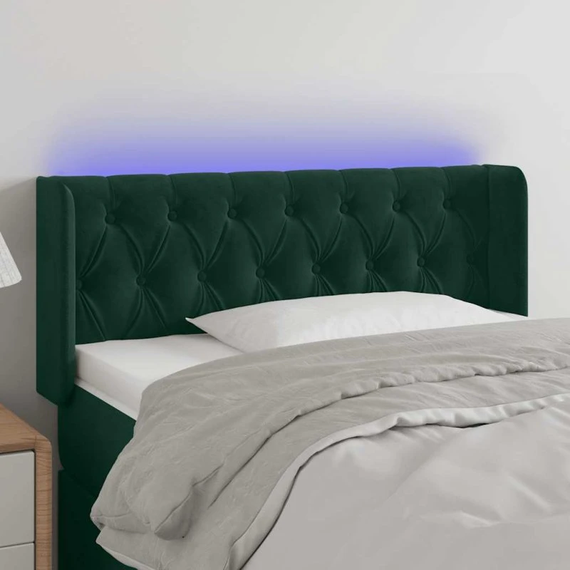 vidaXL Sengegavl med LED-lys 93x16x78/88 cm Mørkegrøn Fløjl