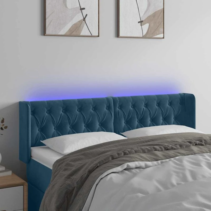 vidaXL Sengegavl med LED-lys 147x16x78/88 cm mørkeblå fløjl