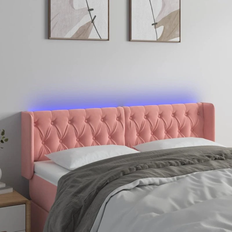 vidaXL Sengegavl med LED-lys 163x16x78/88 cm fløjl lyserød
