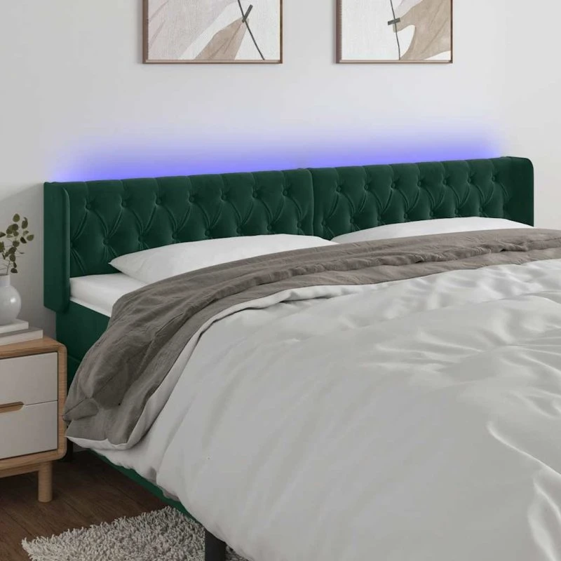 vidaXL Sengegavl med LED-lys 203x16x78/88 cm fløjl mørkegrøn