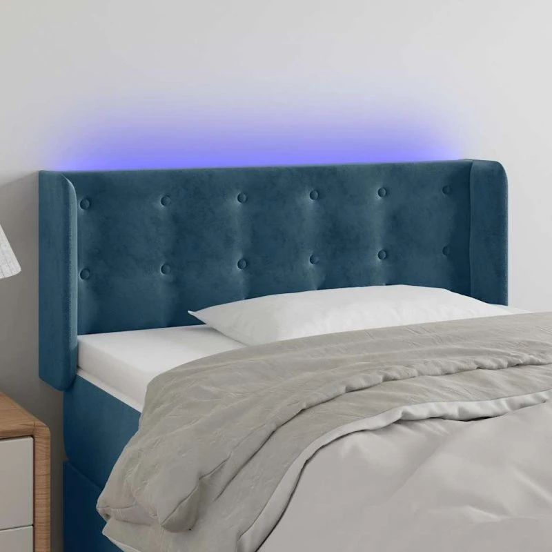 vidaXL Sengegavl med LED-lys 93x16x78/88 cm Mørkeblå Fløjl