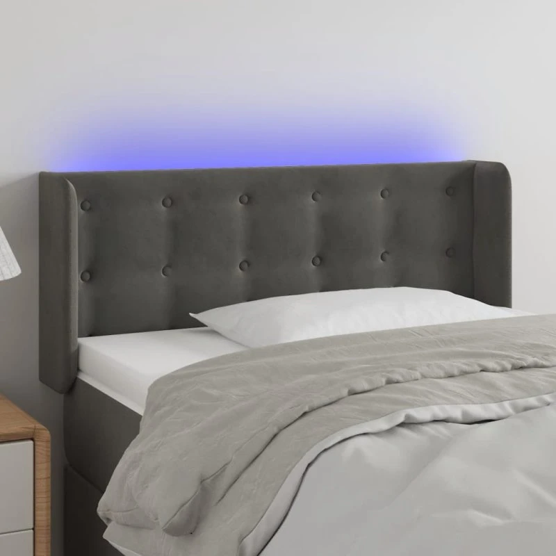 vidaXL Sengegavl med LED-lys 103x16x78/88 cm, fløjl, mørkegrå
