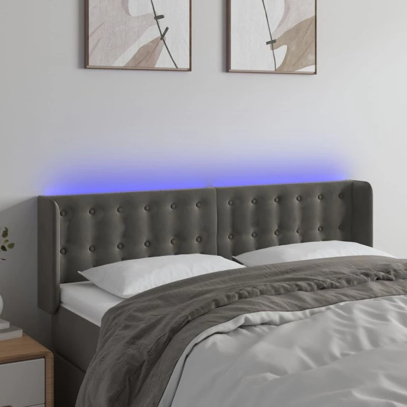 vidaXL Sengegavl med LED-lys 147x16x78/88 cm fløjl mørkegrå