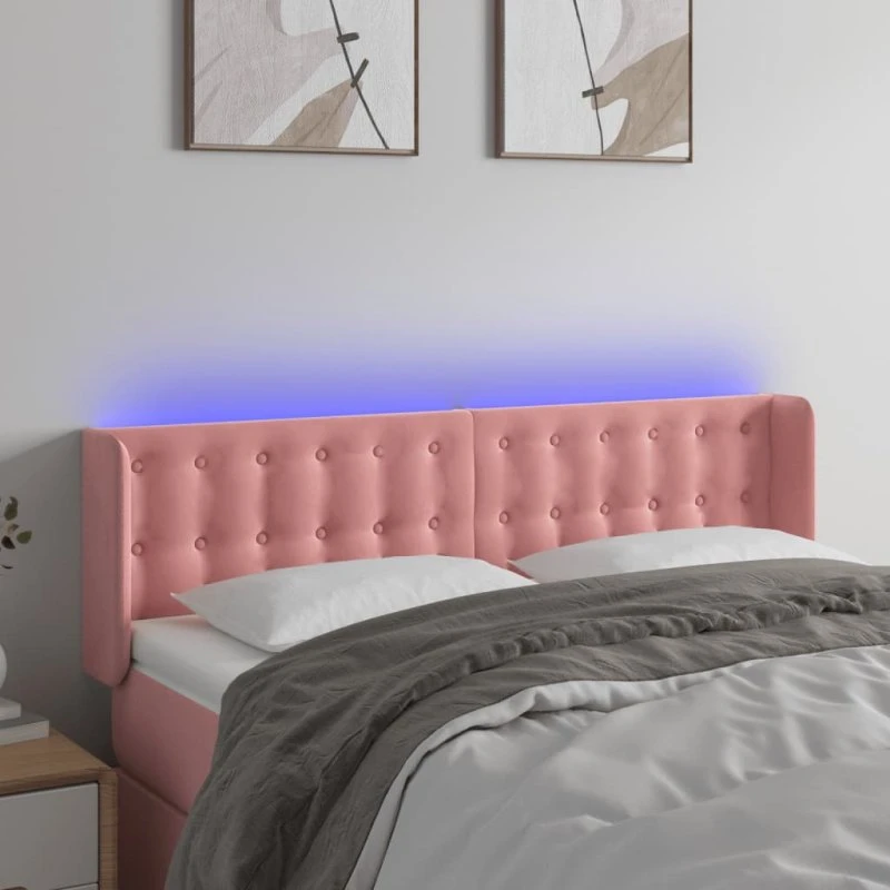 vidaXL Sengegavl med LED-lys 147x16x78/88 cm fløjl lyserød