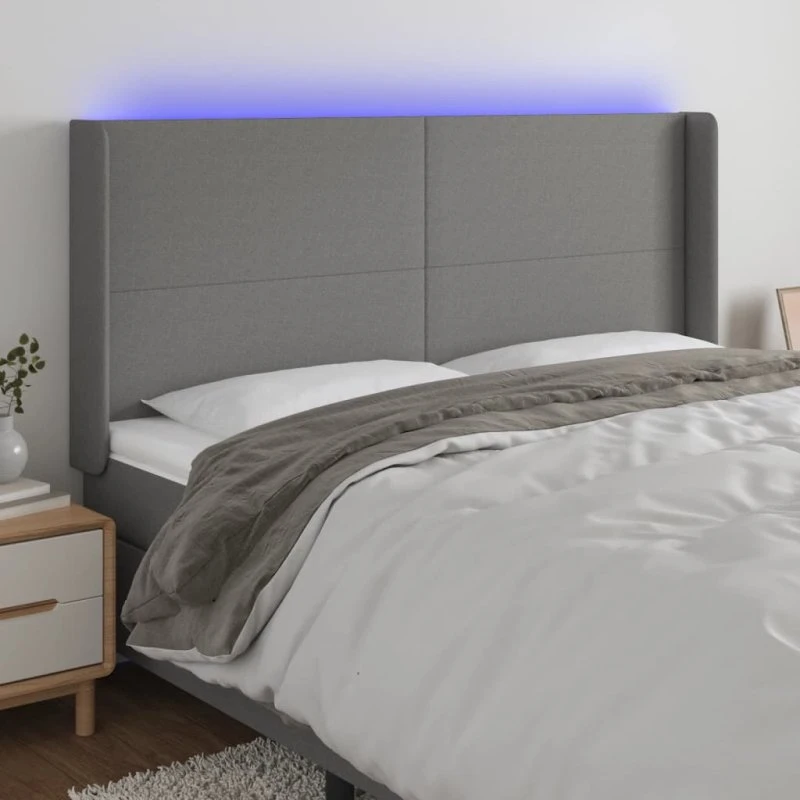 vidaXL Sengegavl med LED-lys 203x16x118/128 cm mørkegrå