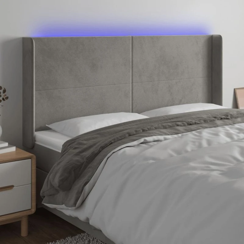 vidaXL Sengegavl med LED-lys 183x16x118/128 cm fløjl lysegrå