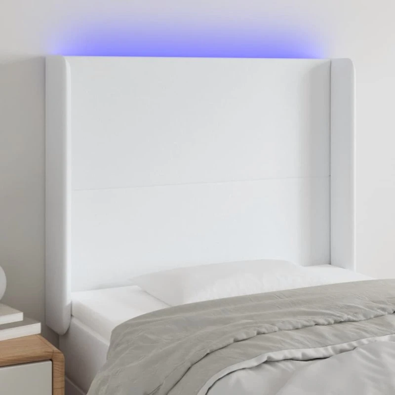 vidaXL Sengegavl med LED-lys 103x16x118/128 cm hvid kunstlæder