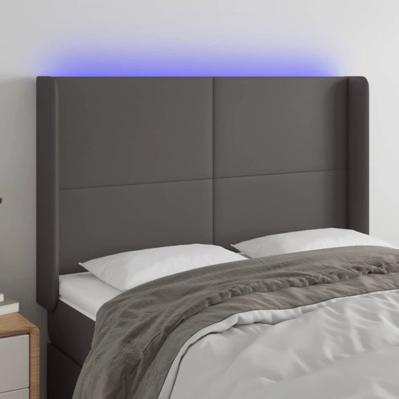 vidaXL Sengegavl med LED-lys 147x16x118/128 cm grå kunstlæder