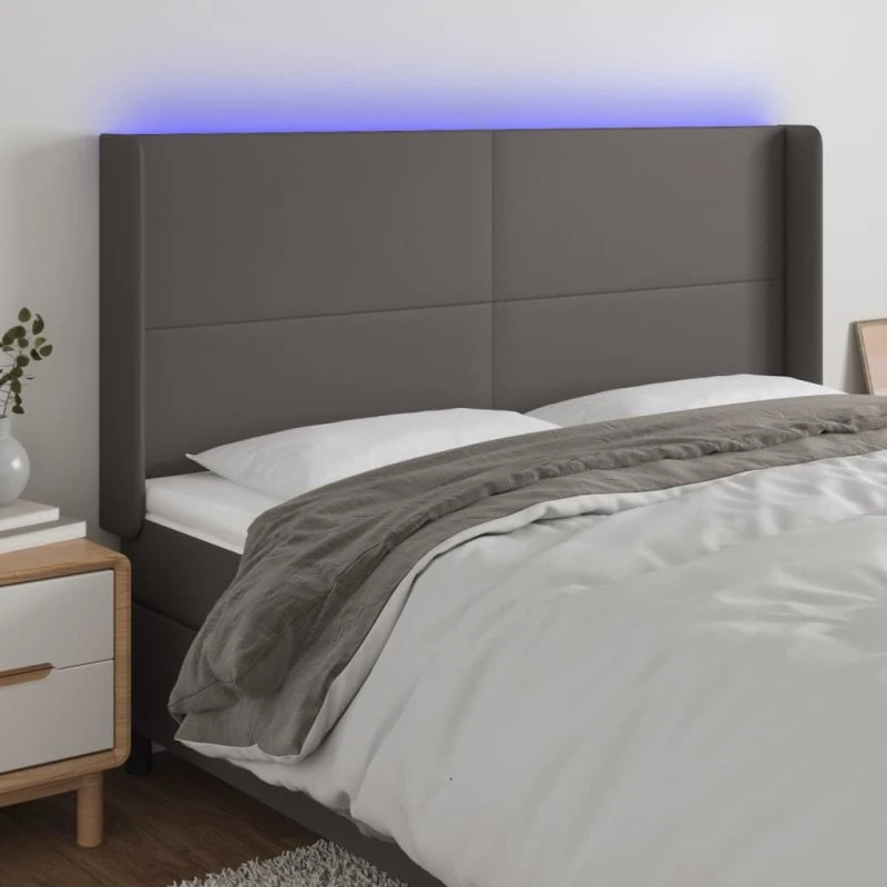 vidaXL Sengegavl med LED-lys 163x16x118/128 cm grå kunstlæder