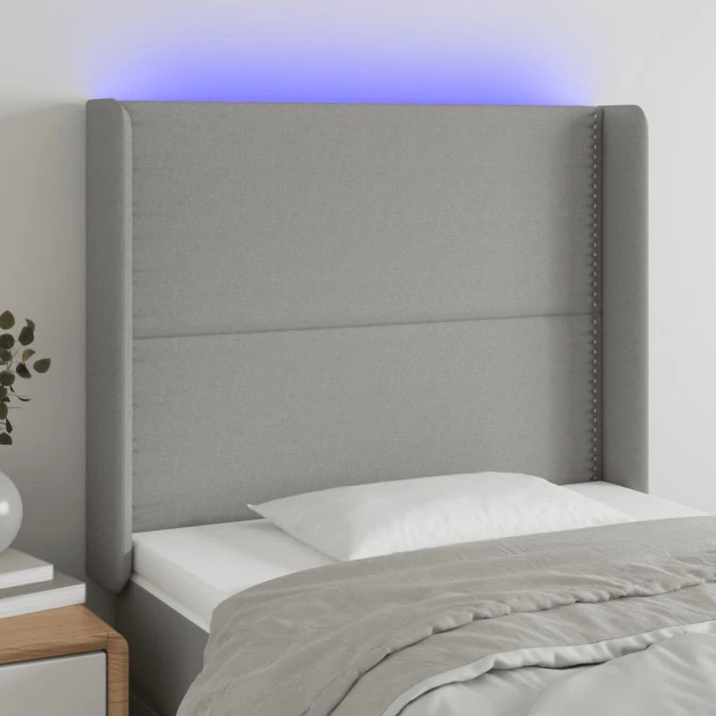 vidaXL Sengegavl med LED-lys 103x16x118/128 cm lysegrå
