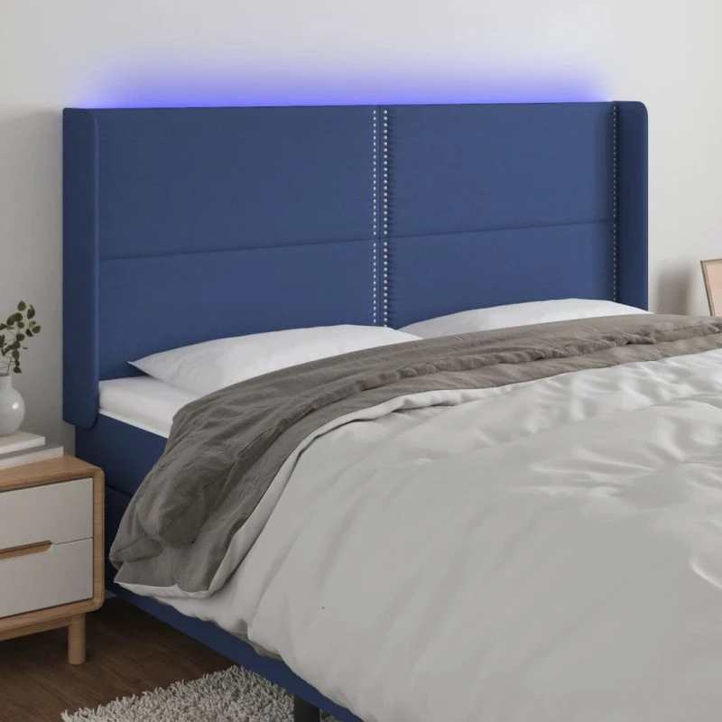 vidaXL Sengegavl med LED-lys 183x16x118/128 cm blå stof
