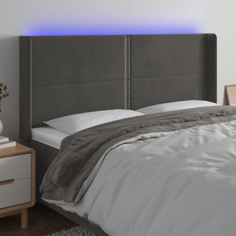 vidaXL Sengegavl med LED-lys 163x16x118/128 cm, fløjl, mørkegrå