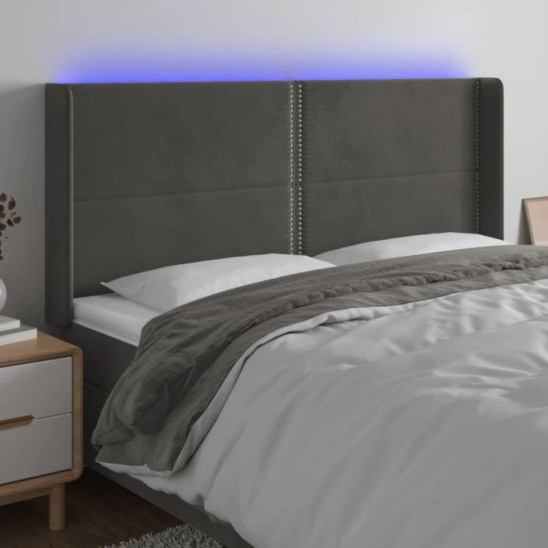 vidaXL Sengegavl med LED-lys 183x16x118/128 cm, mørkegrå fløjl
