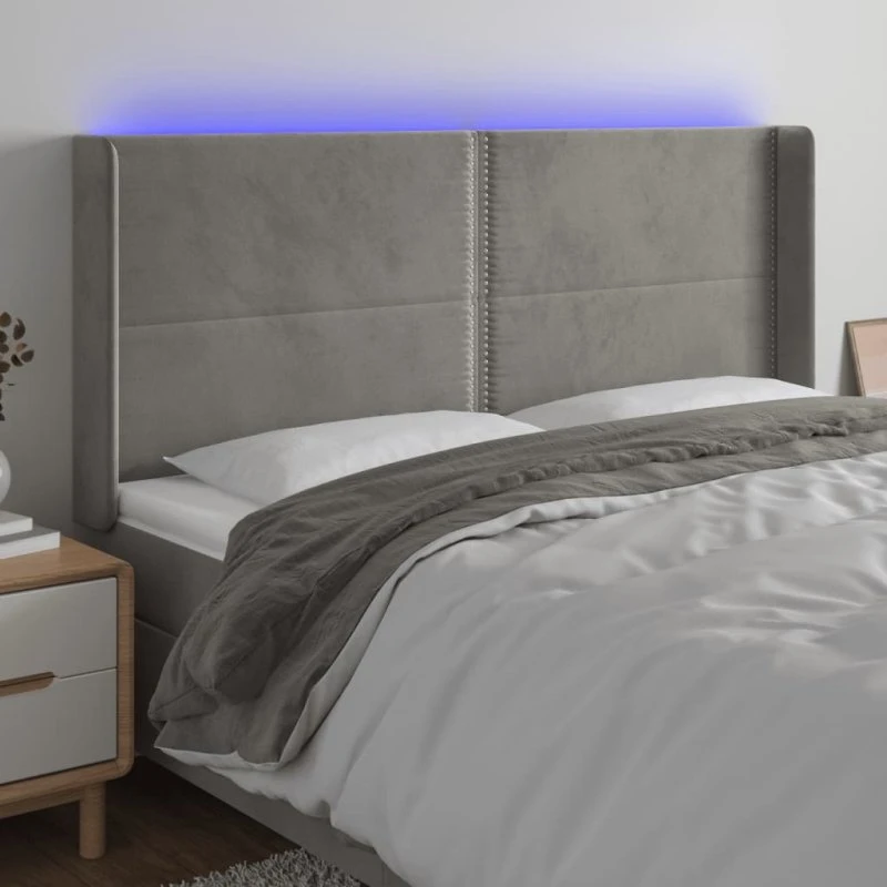 vidaXL Sengegavl med LED-lys 203x16x118/128 cm lysegrå