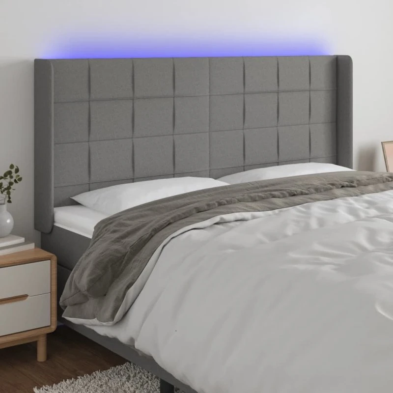 vidaXL Sengegavl med LED-lys 203x16x118/128 cm mørkegrå