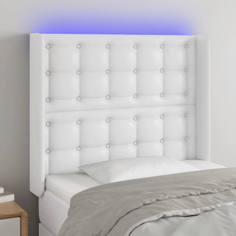 vidaXL Sengegavl med LED-lys 103x16x118/128 cm hvid kunstlæder