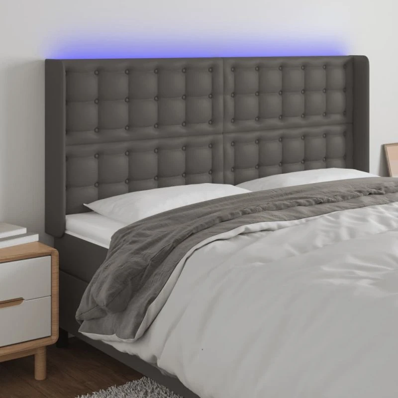 vidaXL Sengegavl med LED-lys 147x16x118/128 cm grå kunstlæder
