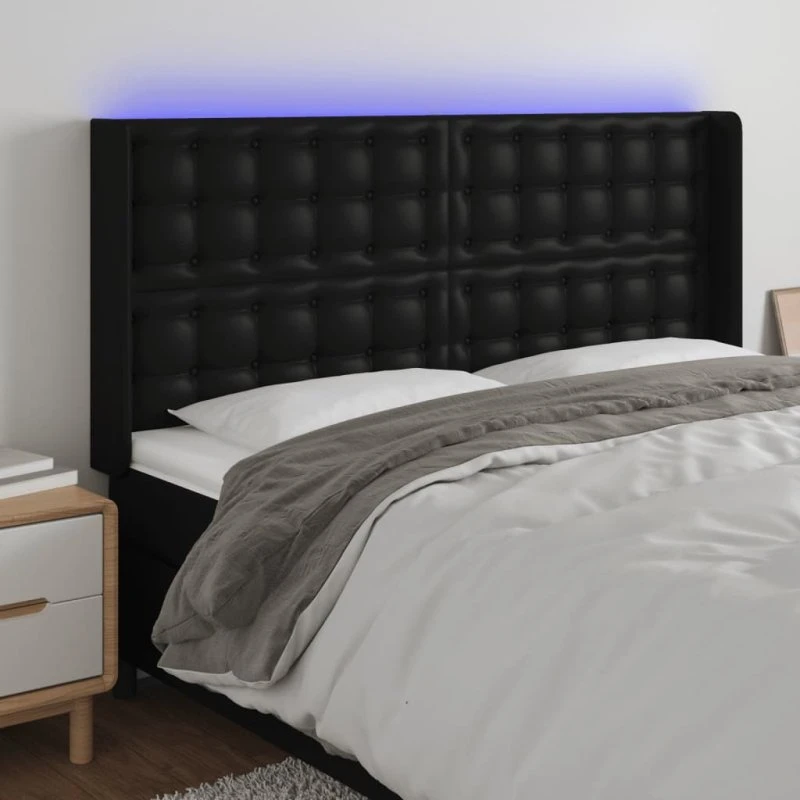 vidaXL Sengegavl med LED-lys 147x16x118/128 cm sort