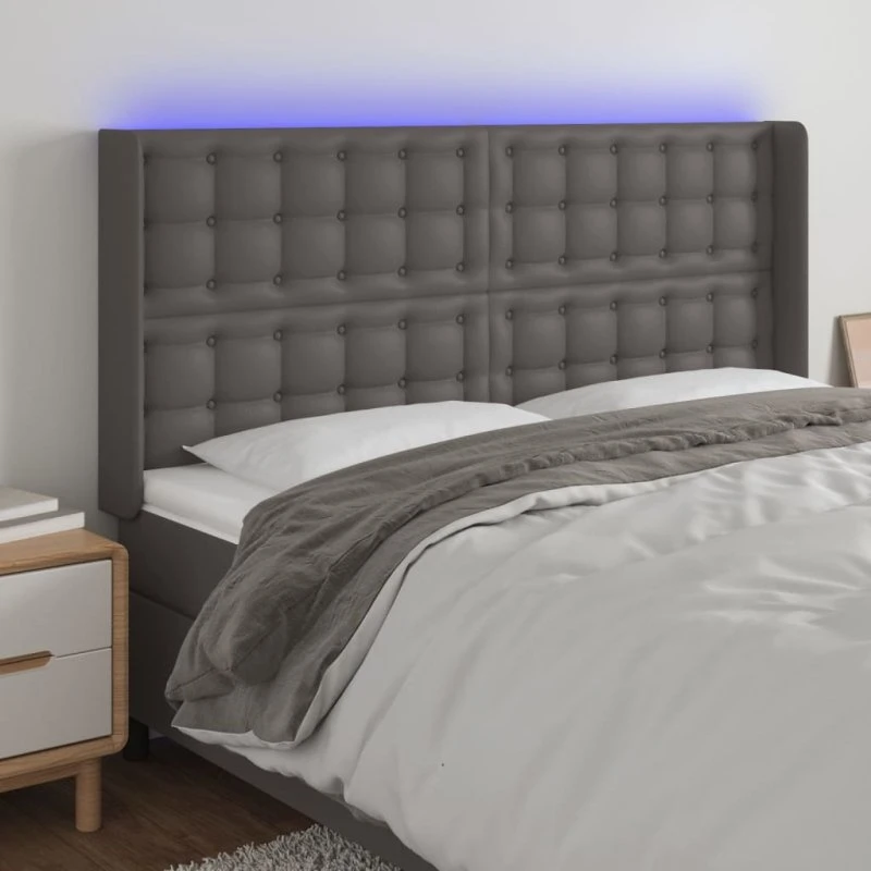 vidaXL Sengegavl med LED-lys 203x16x118/128 cm grå kunstlæder