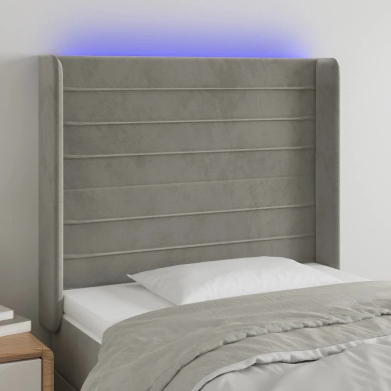 vidaXL Sengegavl med LED-lys 83x16x118/128 cm fløjl lysegrå