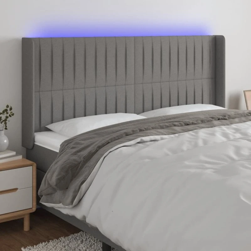 vidaXL Sengegavl med LED-lys 203x16x118/128 cm mørkegrå