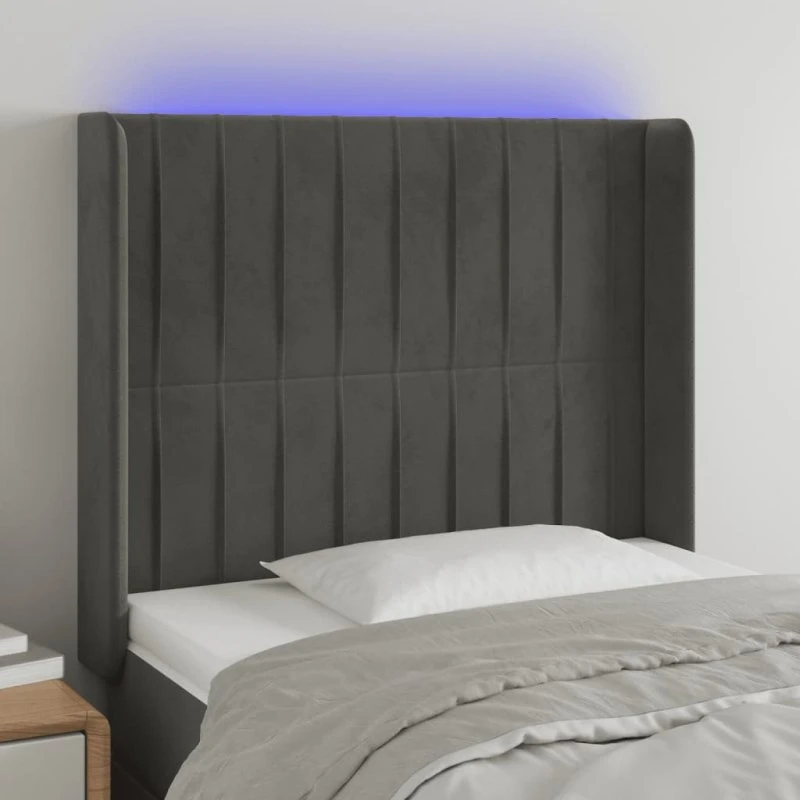 vidaXL Sengegavl med LED-lys 83x16x118/128 cm mørkegrå fløjl