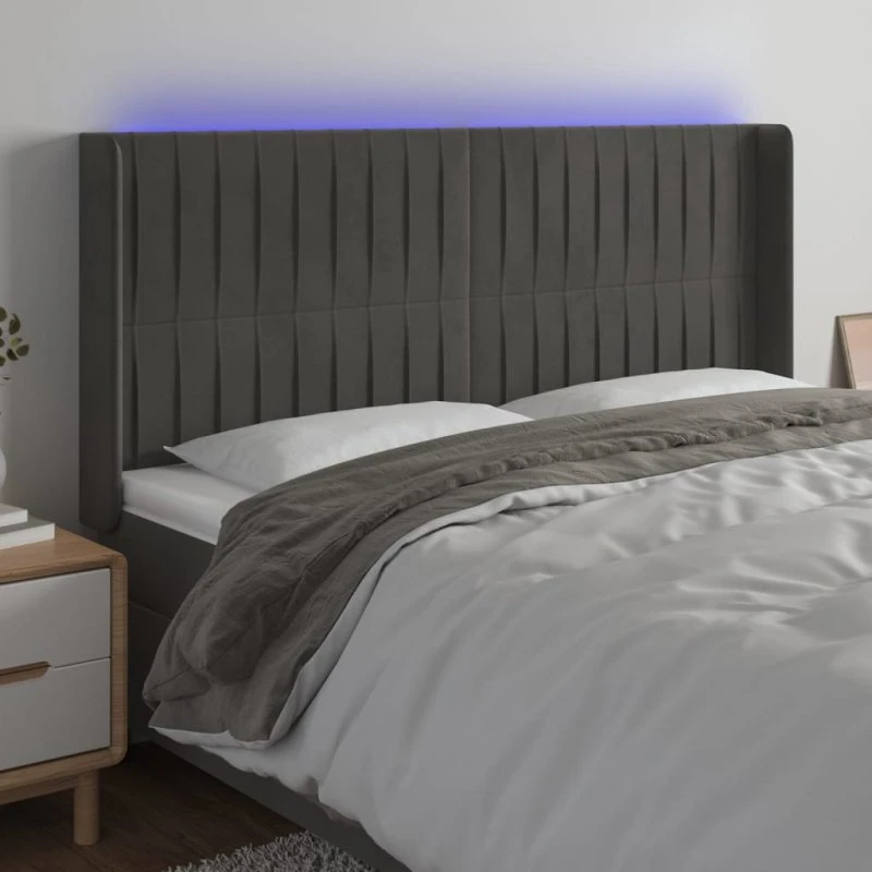 vidaXL Sengegavl med LED-lys 183x16x118/128 cm mørkegrå