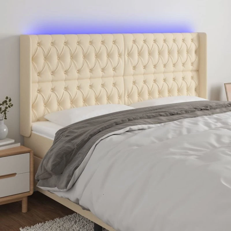 vidaXL Sengegavl med LED-lys 183x16x118/128 cm cremefarvet