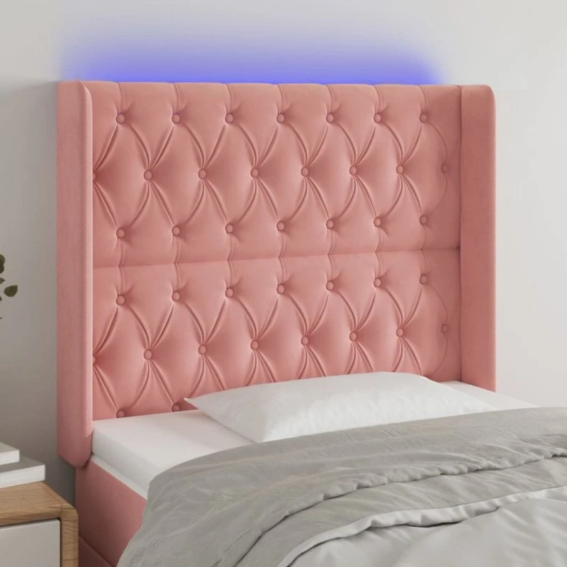 vidaXL Sengegavl med LED-lys 93x16x118/128 cm fløjl lyserød