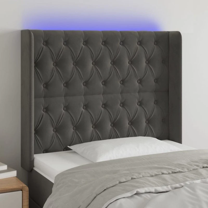 vidaXL Sengegavl med LED-lys 103x16x118/128 cm, mørkegrå fløjl