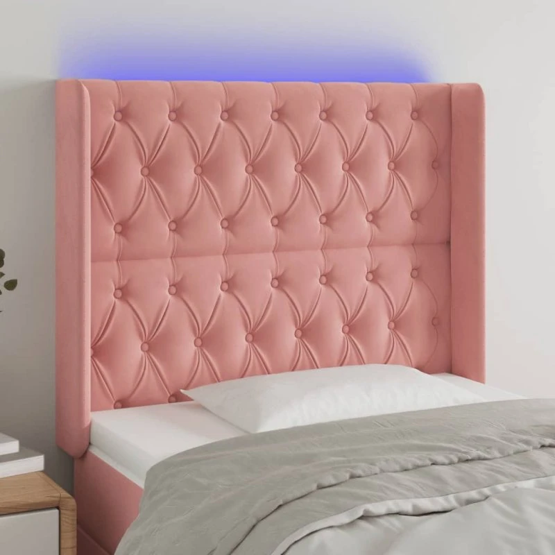 vidaXL Sengegavl med LED-lys 103x16x118/128 cm fløjl lyserød