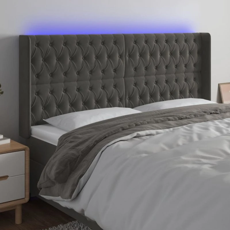 vidaXL Sengegavl med LED-lys 183x16x118/128 cm mørkegrå
