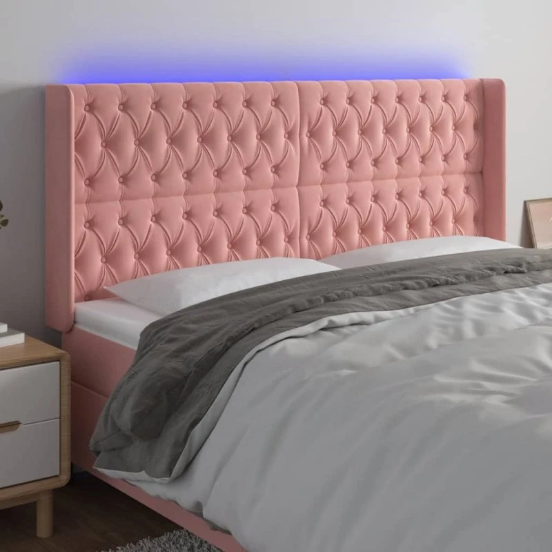 vidaXL Sengegavl med LED-lys 203x16x118/128 cm fløjl lyserød