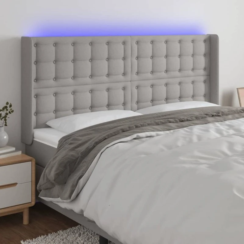vidaXL Sengegavl med LED-lys 183x16x118/128 cm lysegrå