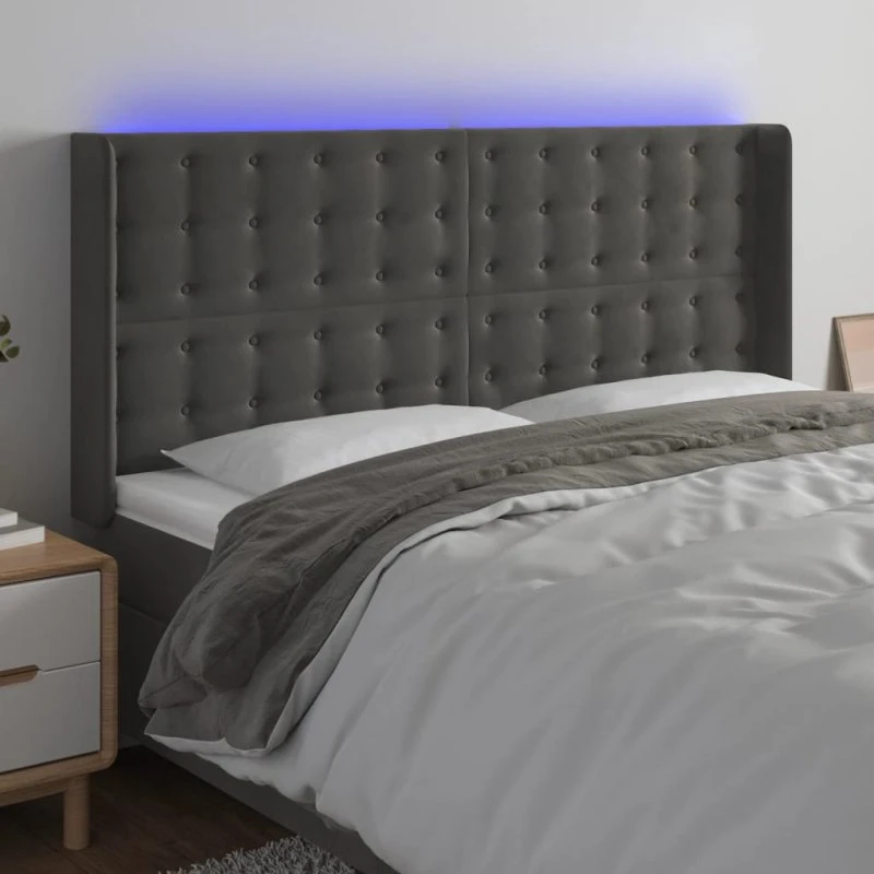 vidaXL Sengegavl med LED-lys 163x16x118/128 cm mørkegrå fløjl