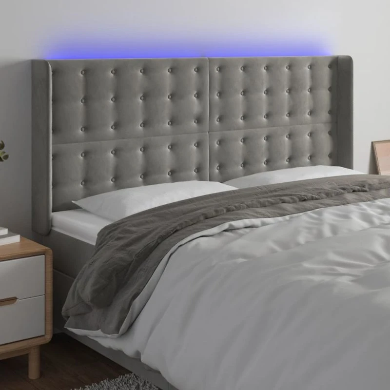 vidaXL Sengegavl med LED-lys 183x16x118/128 cm fløjl lysegrå