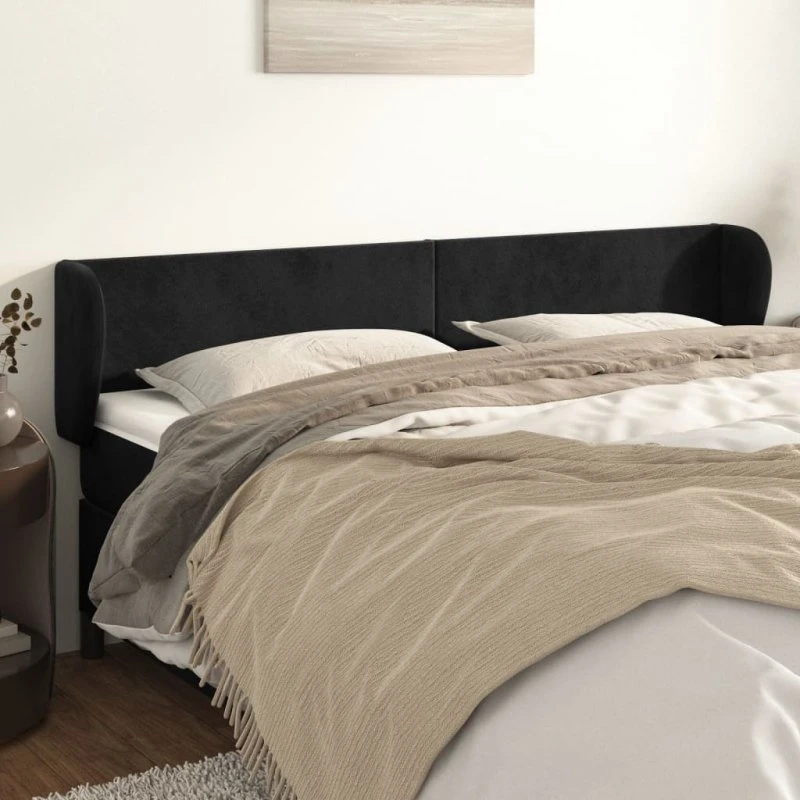 vidaXL Sengegavl med Kanter 203x23x78/88 cm, Sort, Fløjl