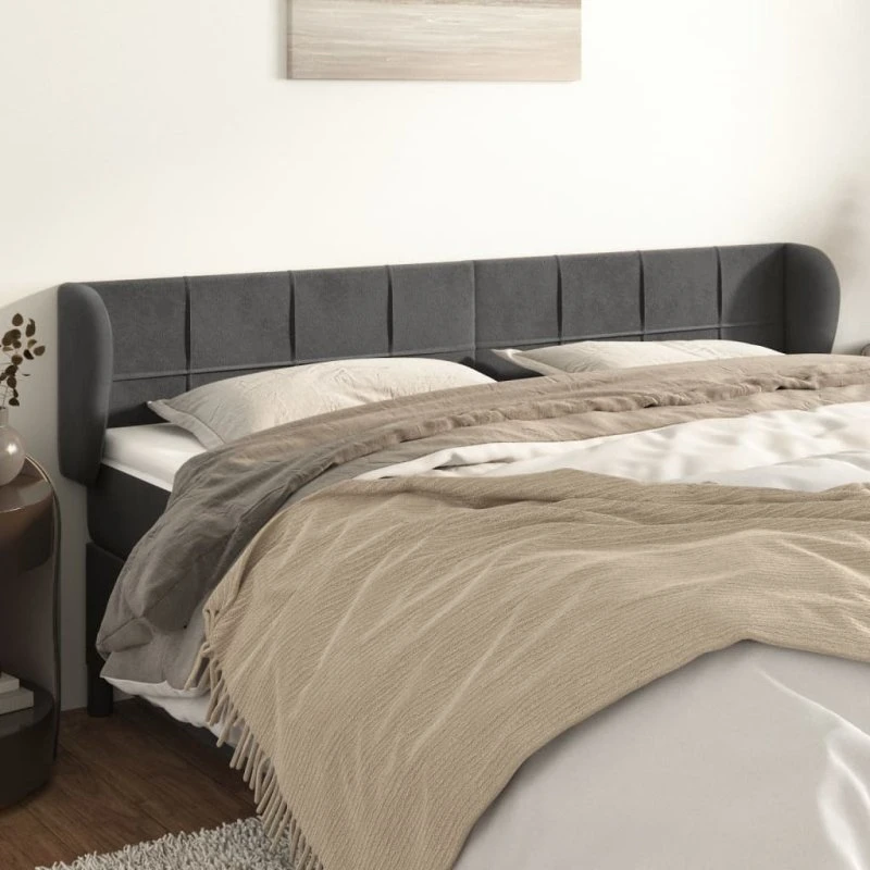 vidaXL Sengegavl med Kanter 203x23x78/88 cm, Mørkegrå, Fløjl