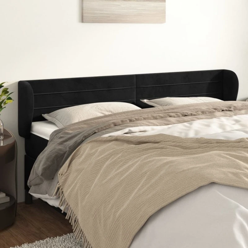 vidaXL Sengegavl med Kanter 203x23x78/88 cm, Sort, Fløjl