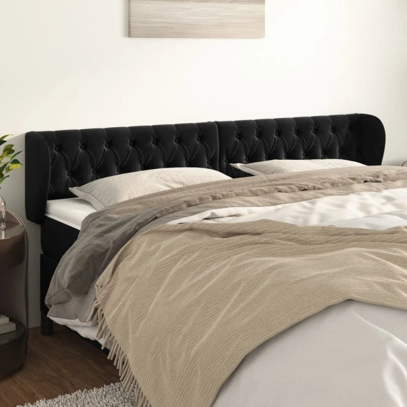 vidaXL Sengegavl med Kanter 203x23x78/88 cm, Sort, Fløjl