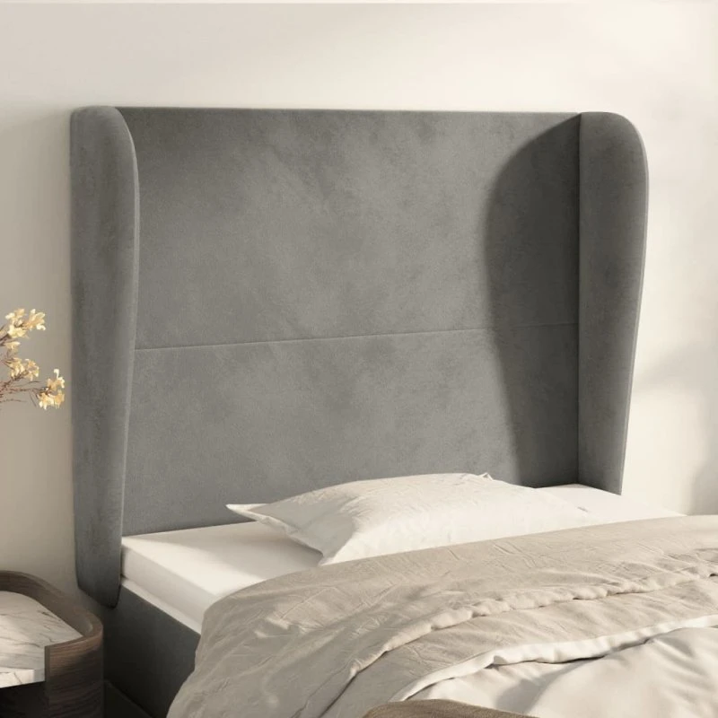 vidaXL Sengegavl med Kanter 93x23x118/128 cm Lysegrå Fløjl