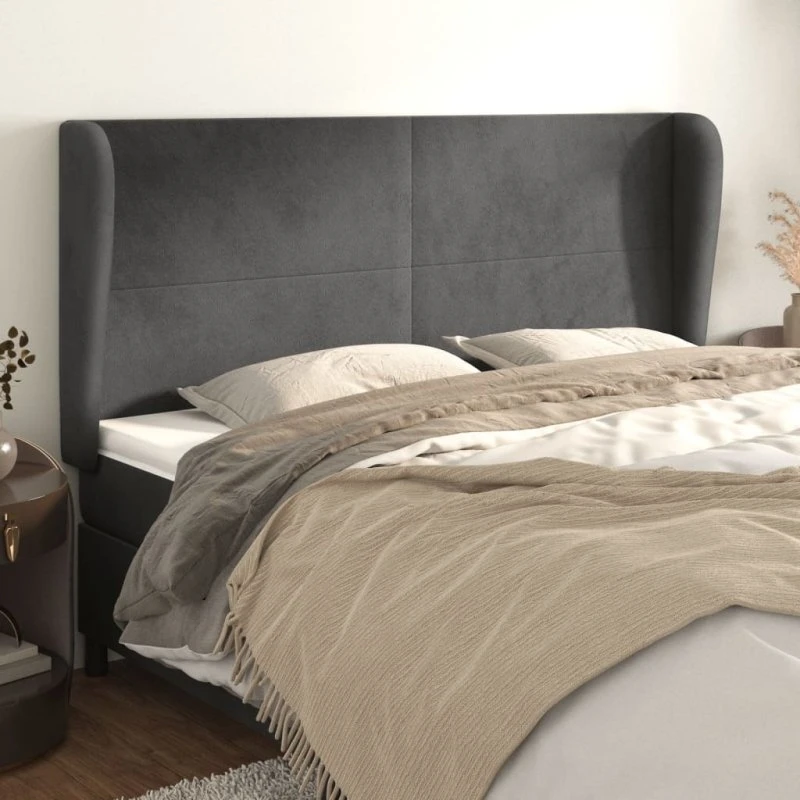 vidaXL Sengegavl med Kanter 183x23x118/128 cm, Mørkegrå Fløjl