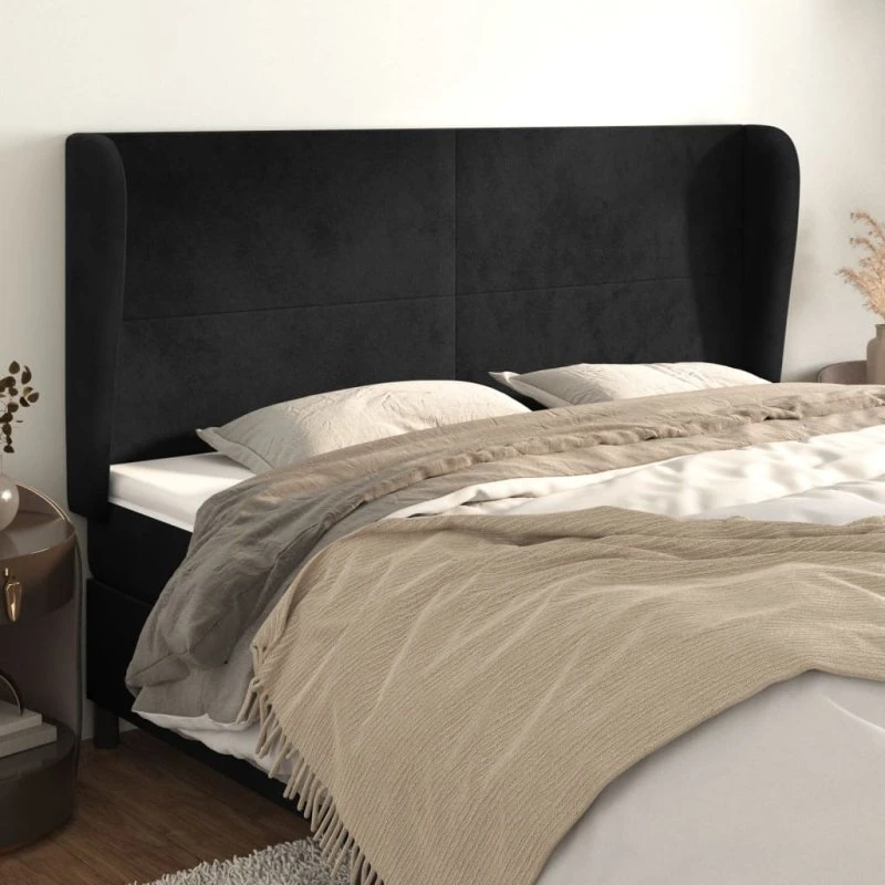 vidaXL Sengegavl med Kanter 203x23x118/128 cm, Sort, Fløjl