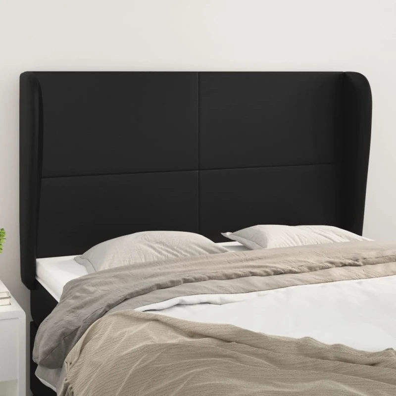vidaXL Sengegavl med Kanter 147x23x118/128 cm Sort Kunstlæder