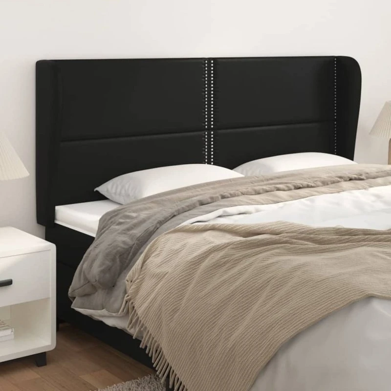 vidaXL Sengegavl med Kanter 183x23x118/128 cm Sort Kunstlæder