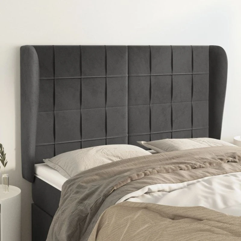 vidaXL Sengegavl med Kanter 147x23x118/128 cm Fløjl Mørkegrå