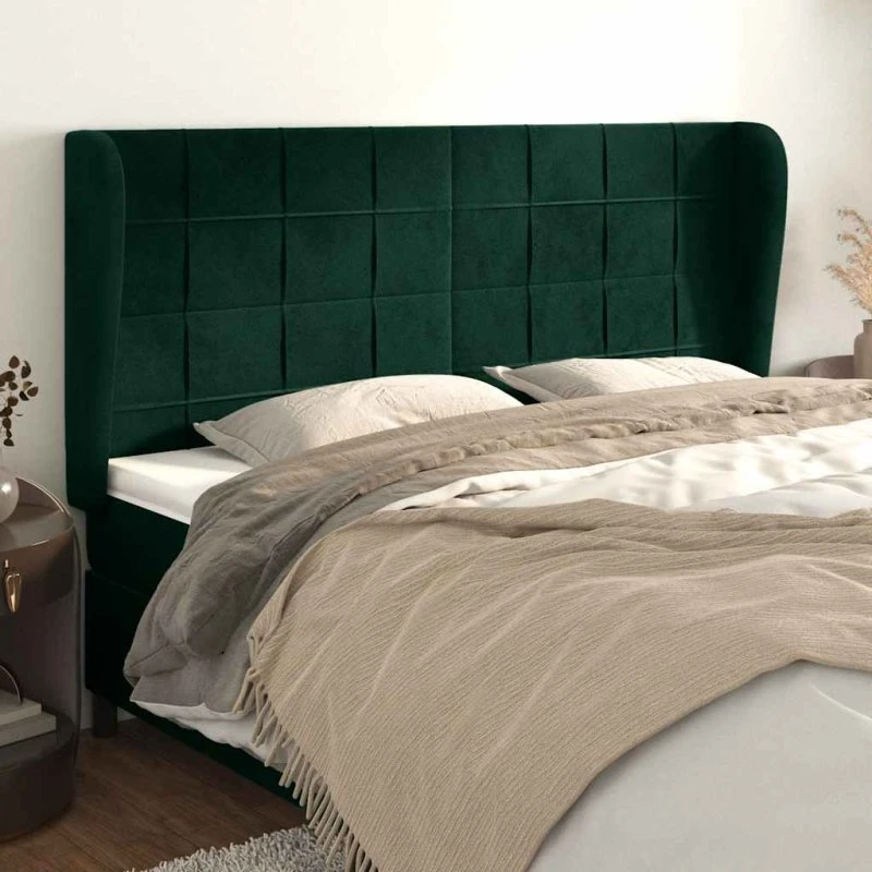 vidaXL Sengegavl med Kanter 163x23x118/128 cm Fløjl Mørkegrøn