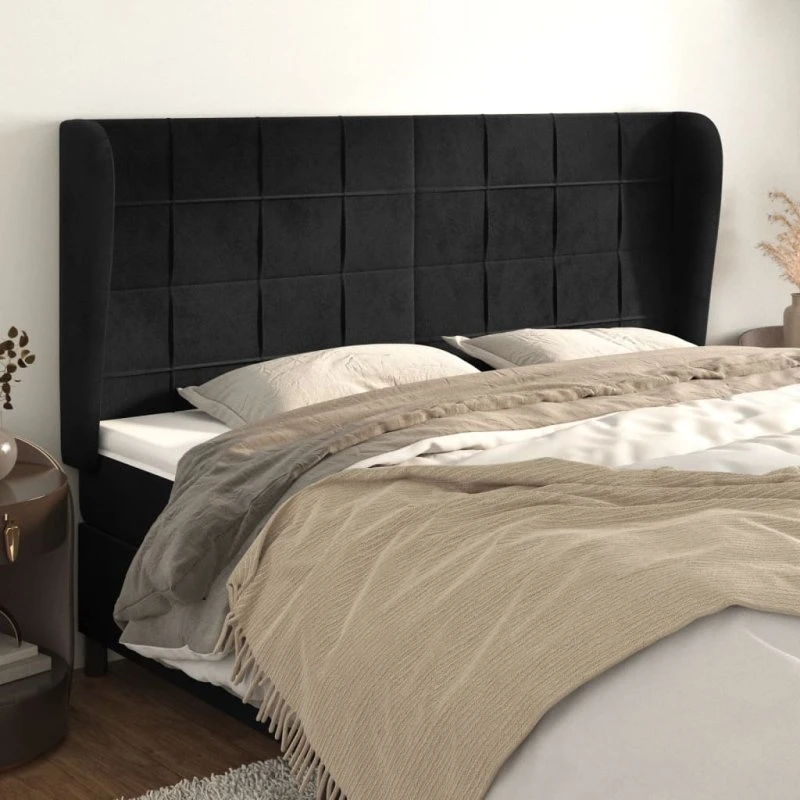 vidaXL Sengegavl med Kanter 183x23x118/128 cm, Sort, Fløjl