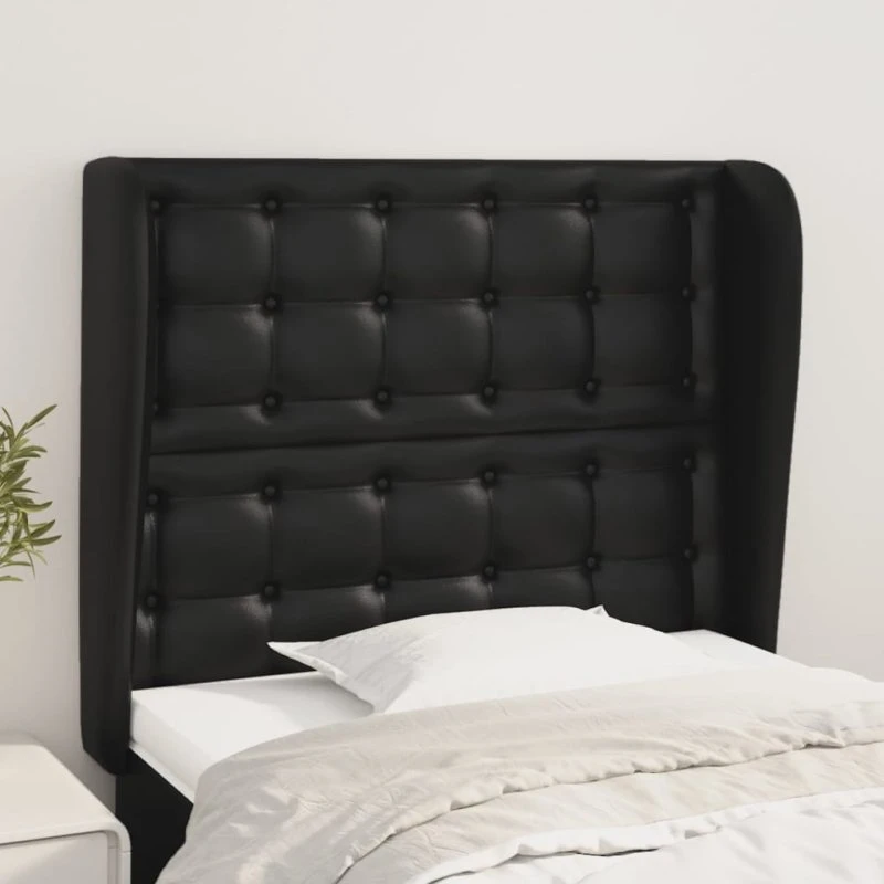 vidaXL Sengegavl med Kanter 93x23x118/128 cm Sort Kunstlæder