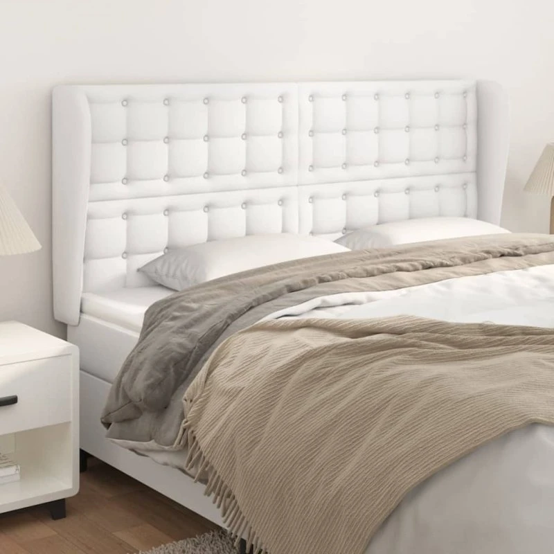 vidaXL Sengegavl med Kanter 203x23x118/128 cm Hvid Kunstlæder